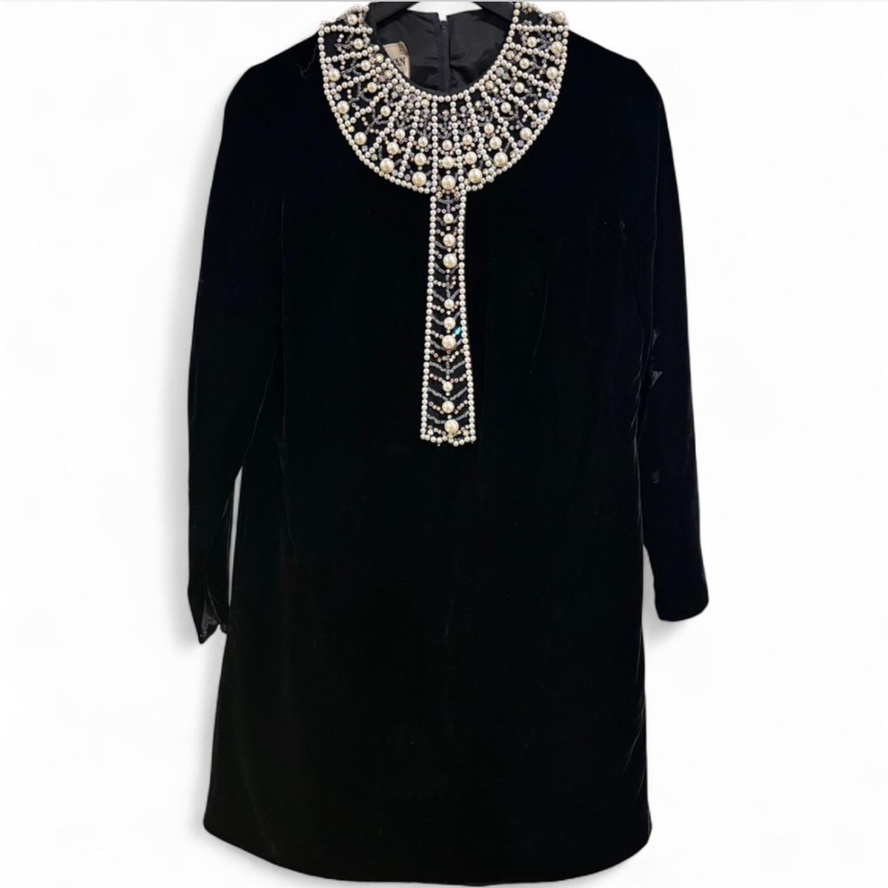 VINTAGE 70s Jack Bryan by Dupuis Black Velvet Mini Dress with Pearls & Beading